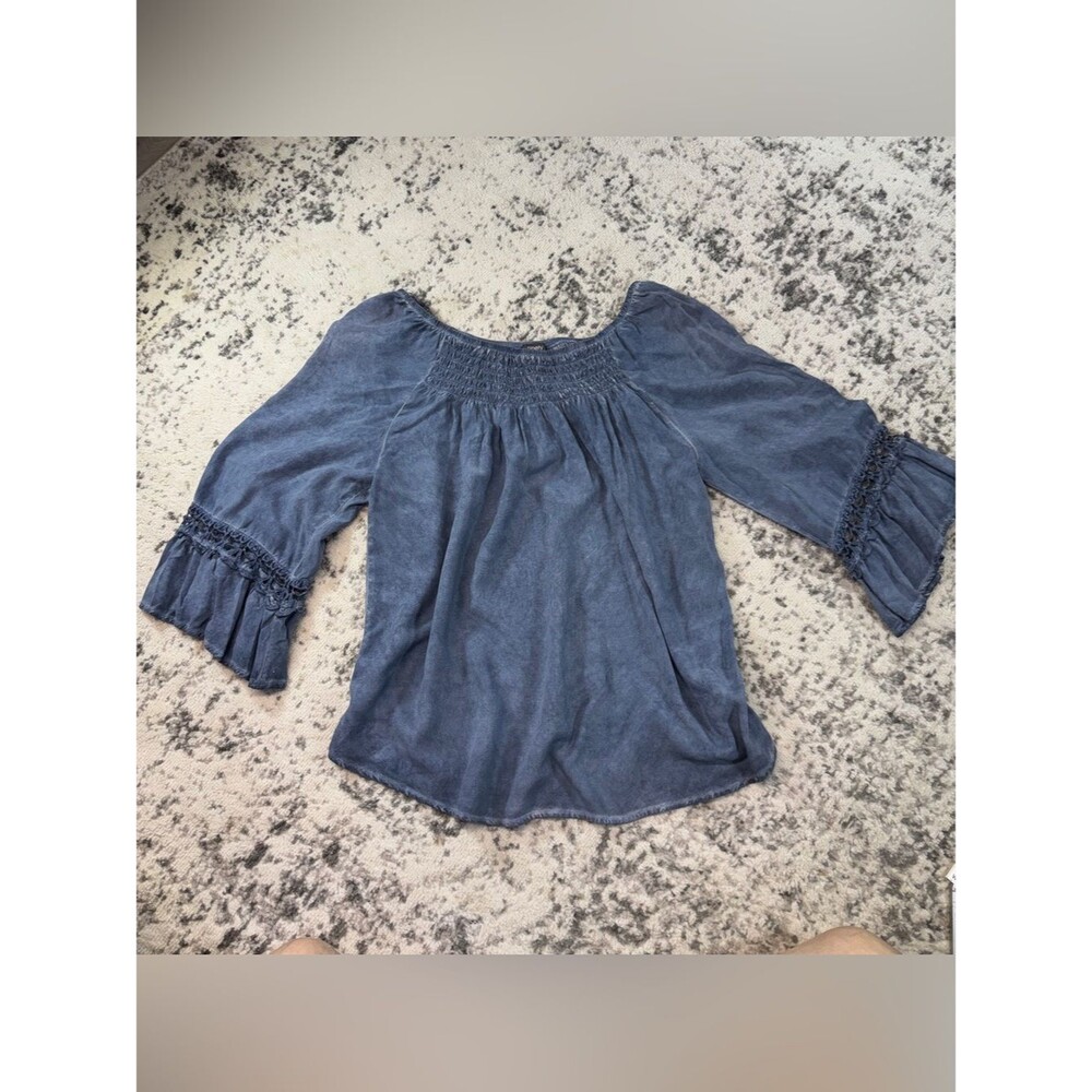 Ninety Clothing Co Blue Smocked Peasant Blouse Womens Medium Boho Top